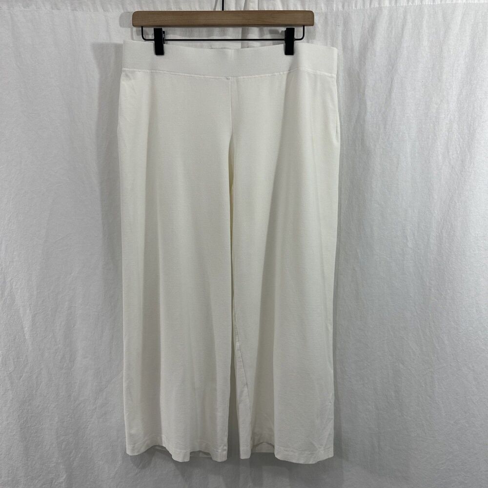 Eileen Fisher White Washable Stretch Crepe Wide Leg Pants Womens Sz L Beach